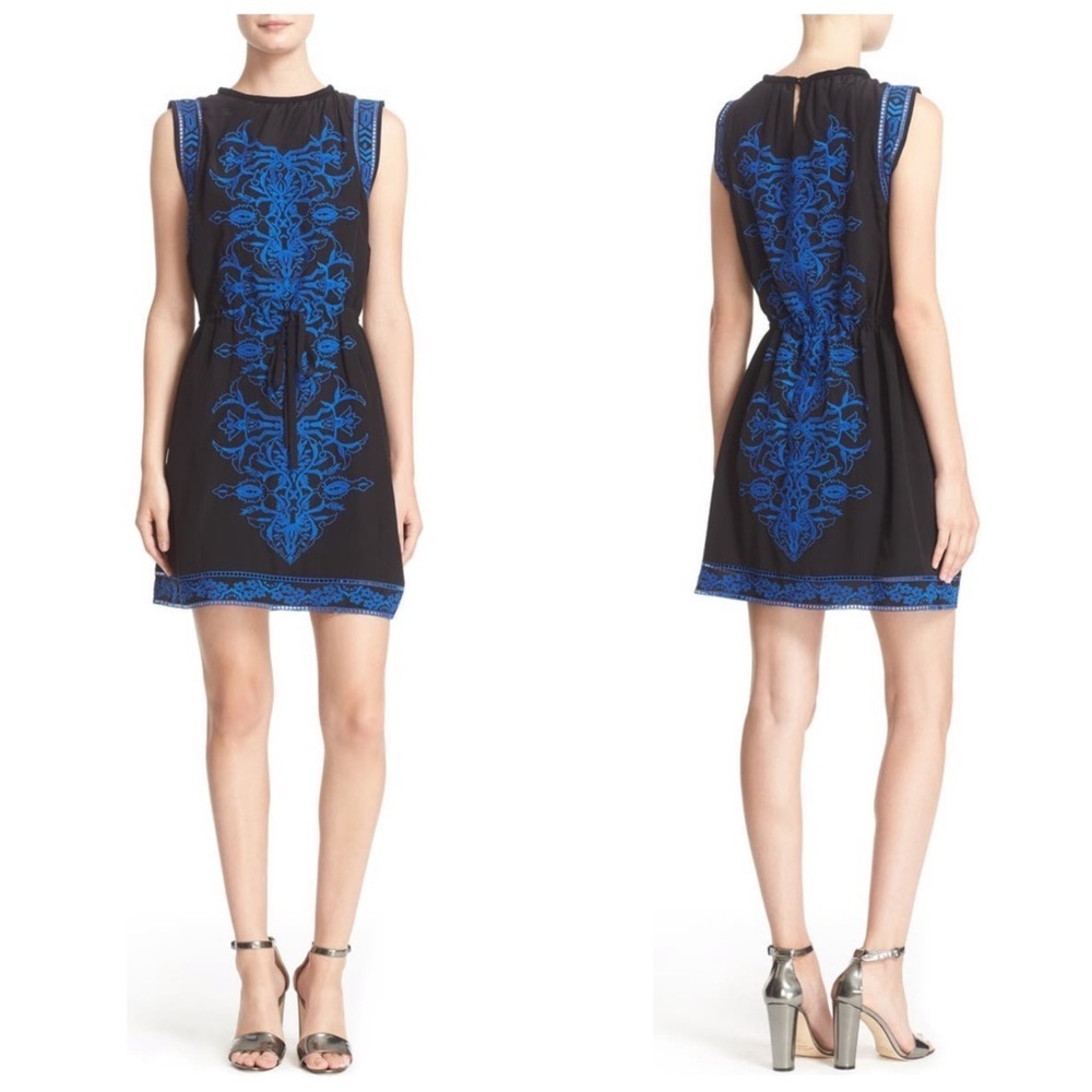REBECCA TAYLOR Aztec Blue Embroidered Sleeveless Black Dress 100% Silk Size 2